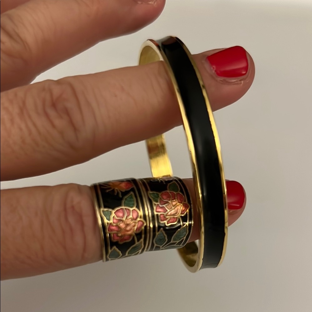 Vintage Cloisonné Earrings and Black and Gold Bangle Bracelet
